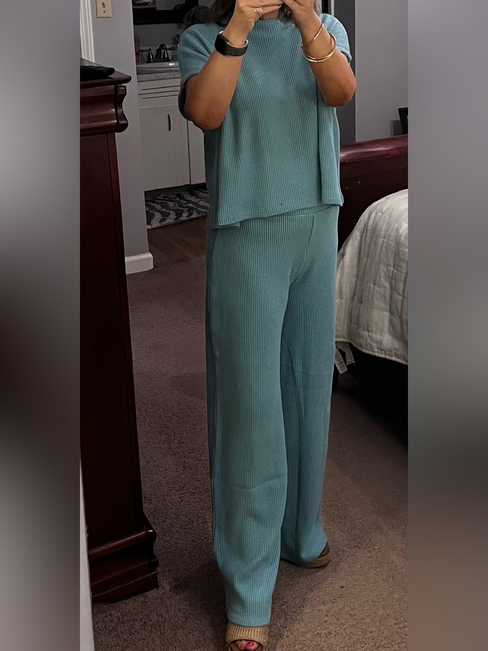 Zenana Dusty Teal Lightweight Sweater Knit 2-Piece Set – Medium